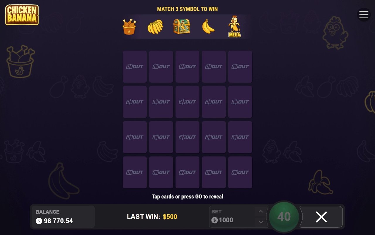 Chicken Banana Screenshot 1 - Spielraster mit Symbolübersicht Huhn, Bananen und Truhe