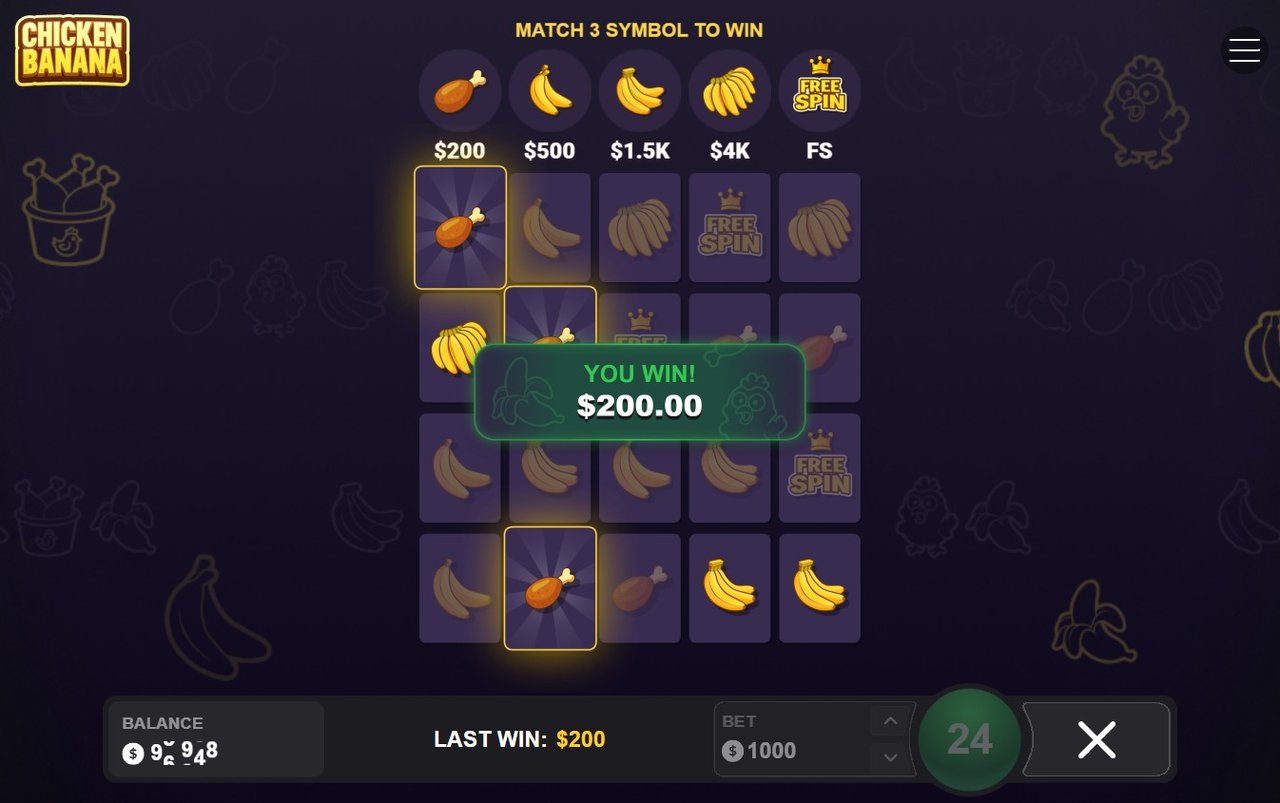Chicken Banana Screenshot 2 - aufgedeckte Karten mit Gewinnanzeige 200 Dollar