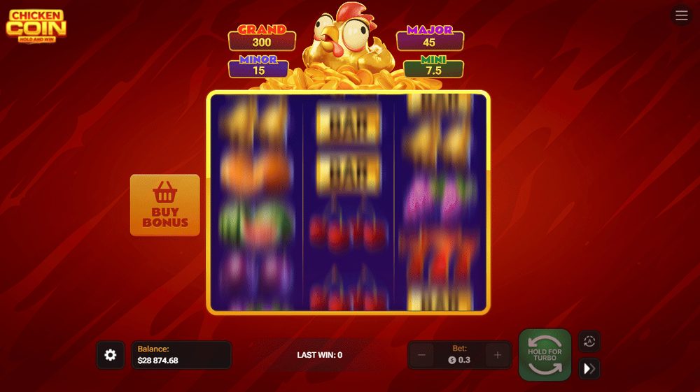 Chicken Coin Screenshot 1 - Spielraster mit Grand-, Major-, Minor- und Mini-Jackpot-Anzeige
