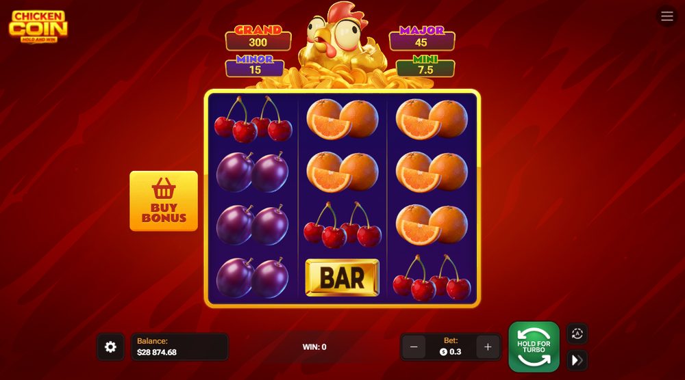 Chicken Coin Screenshot 2 - laufende Runde mit Frucht- und BAR-Symbolen
