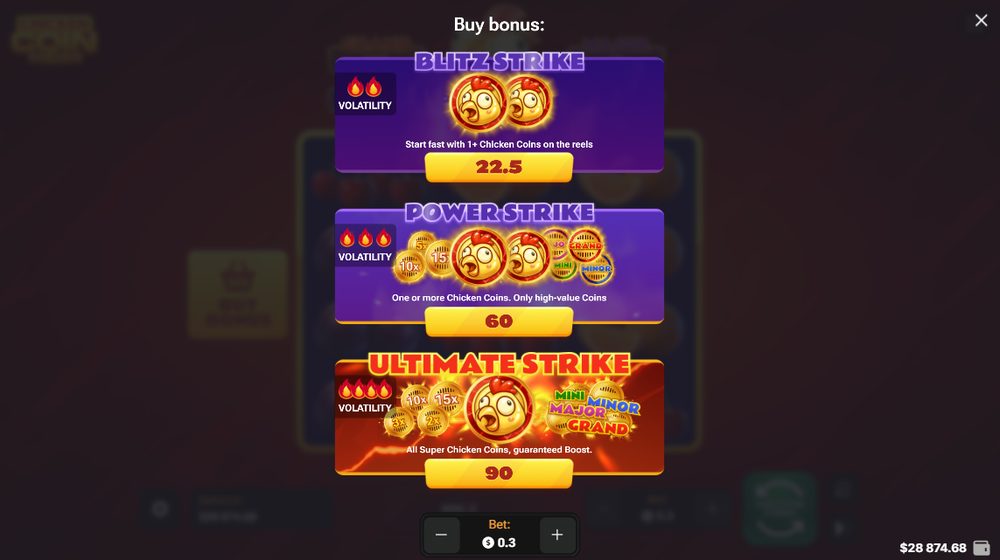 Chicken Coin Screenshot 3 - Buy-Bonus-Auswahl mit Blitz, Power und Ultimate Strike