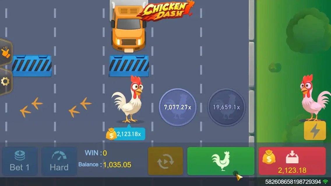 Chicken Dash Screenshot 1 - laufende Runde mit Multiplikatorfeldern bis 19.659x und Lkw-Hindernis