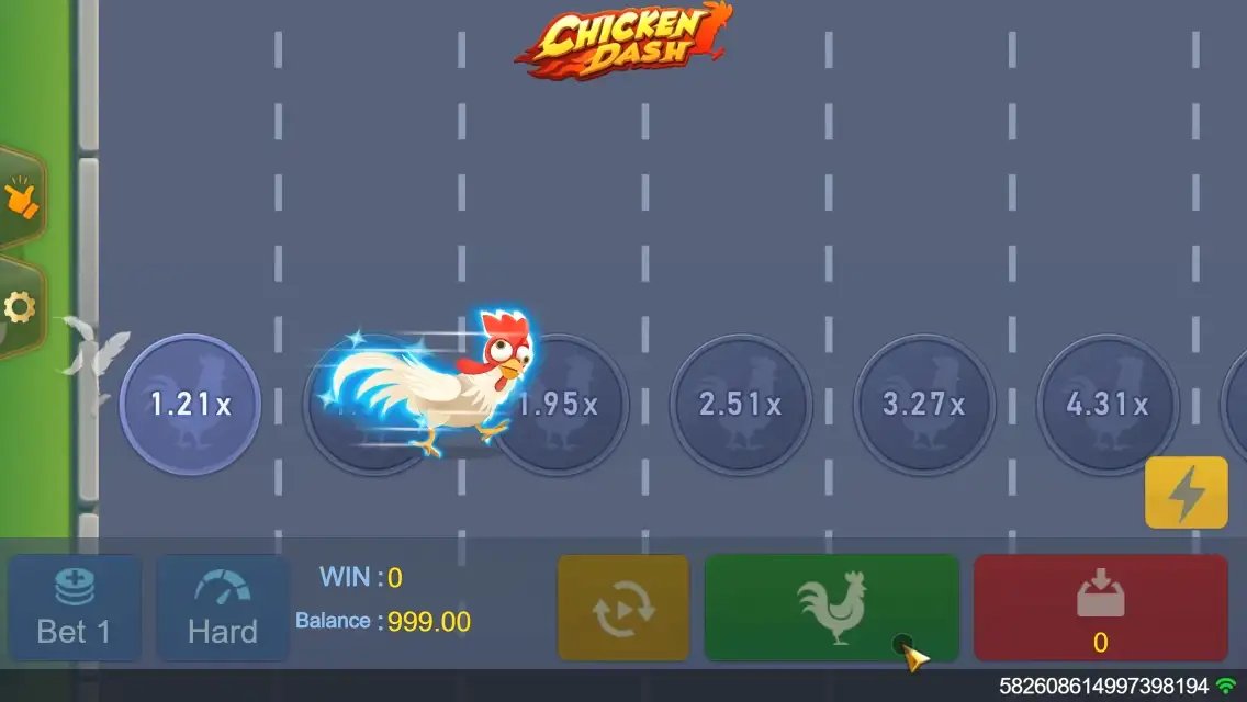 Chicken Dash Screenshot 2 - Huhn läuft im Hard-Modus über die Straße mit Multiplikatoren von 1,21x bis 4,31x