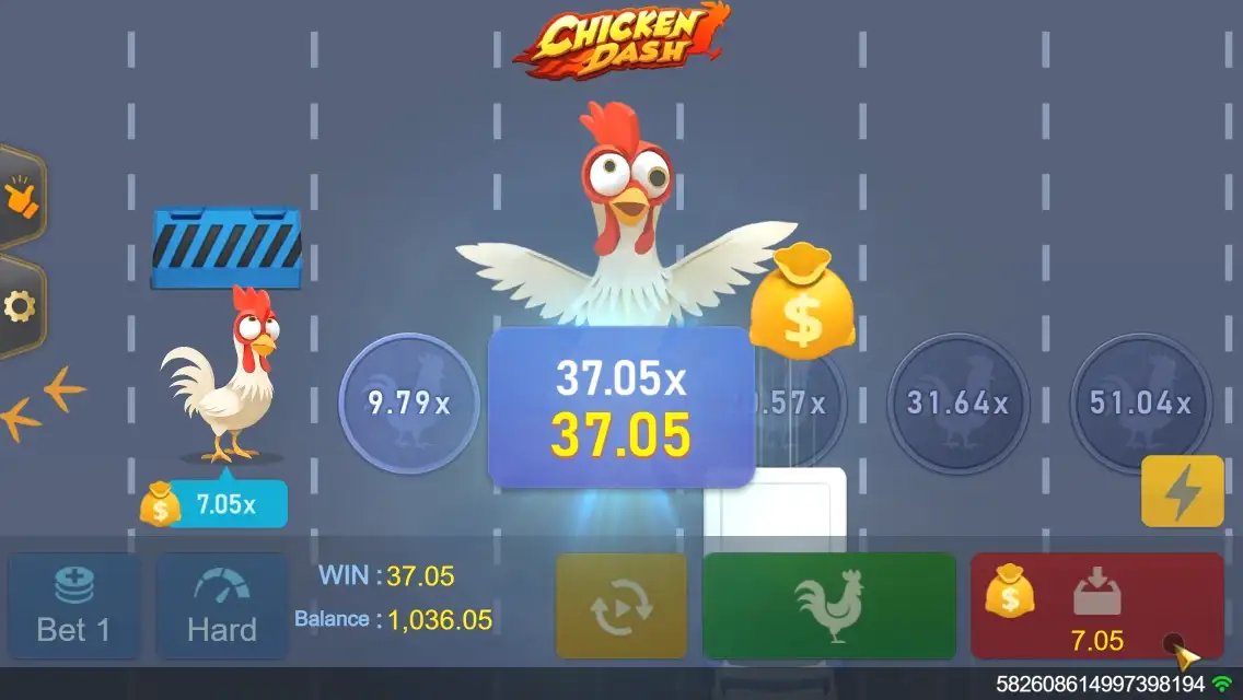 Chicken Dash Screenshot 3 - Cash-out-Moment mit Gewinnanzeige von 37,05x