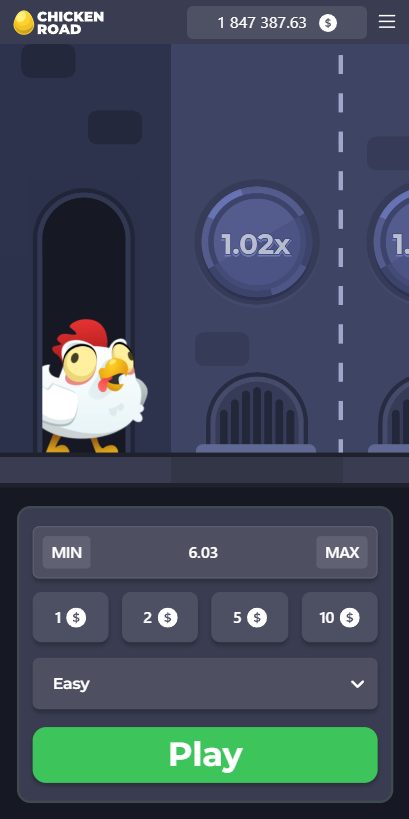 Chicken Road Screenshot 1 - Spieloberfläche mit Straße und Multiplikator