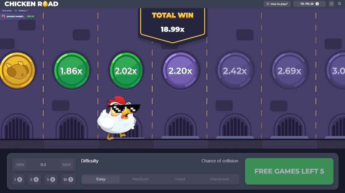 Chicken Road Bonus Screenshot 1 - laufende Runde mit Multiplikator-Reihe und Free-Games-Zähler