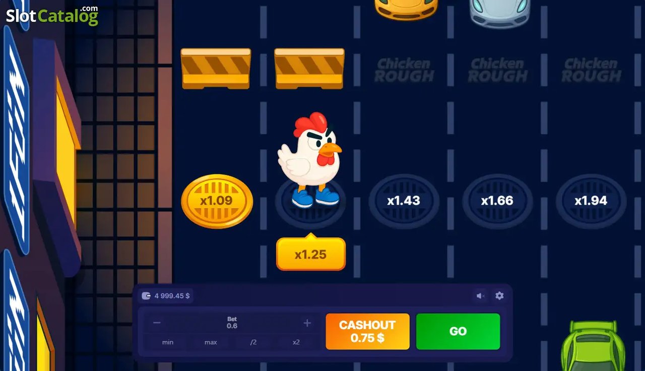 Chicken Rough Screenshot 3 - laufende Runde mit Cash-Out-Anzeige, laut SlotCatalog
