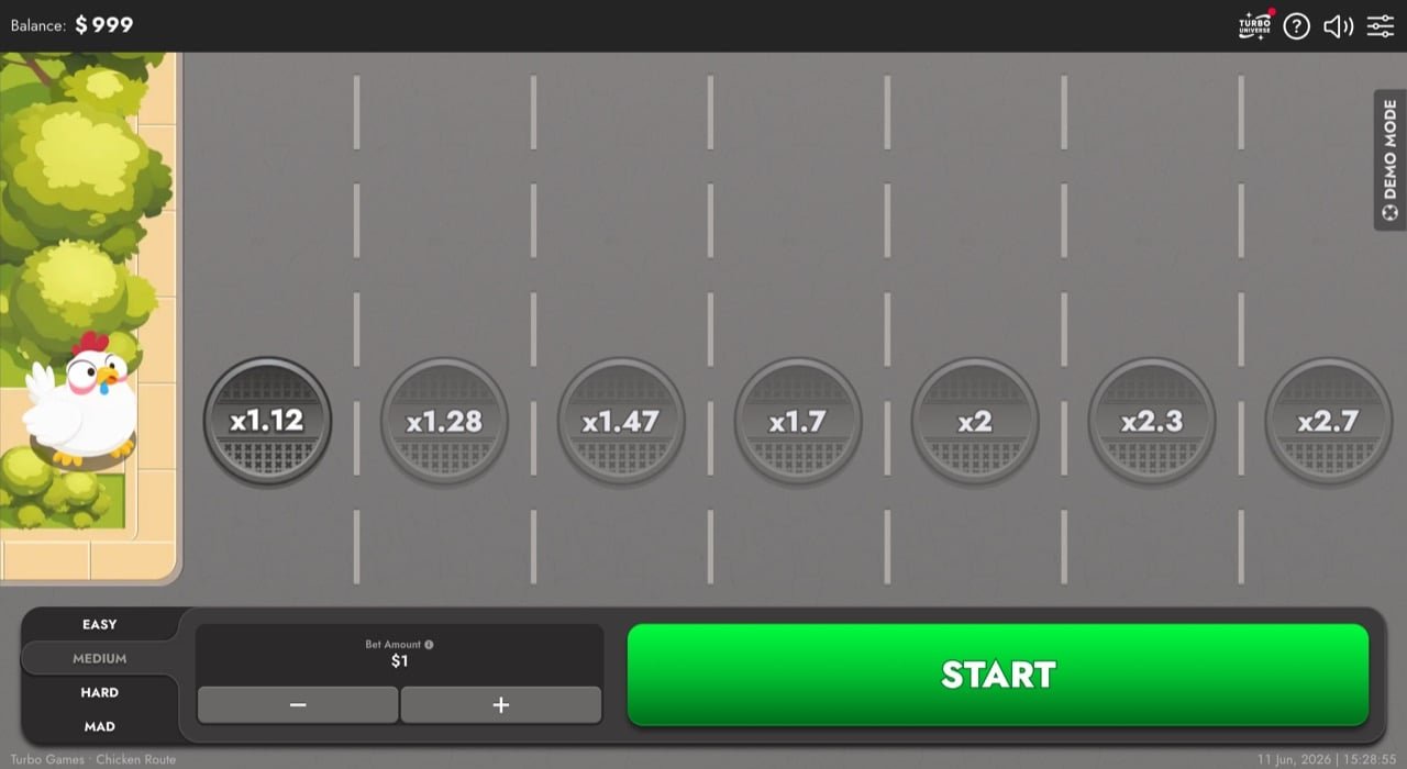 Chicken Route Screenshot 1 – laufende Runde mit Multiplikatoren