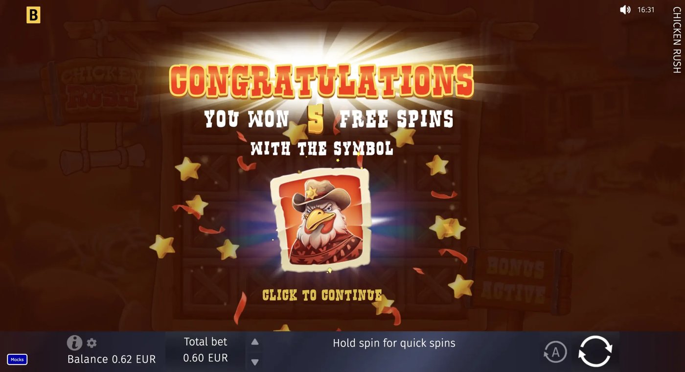 Chicken Rush Screenshot 1 – Western-Kulisse mit Wild-Symbolen