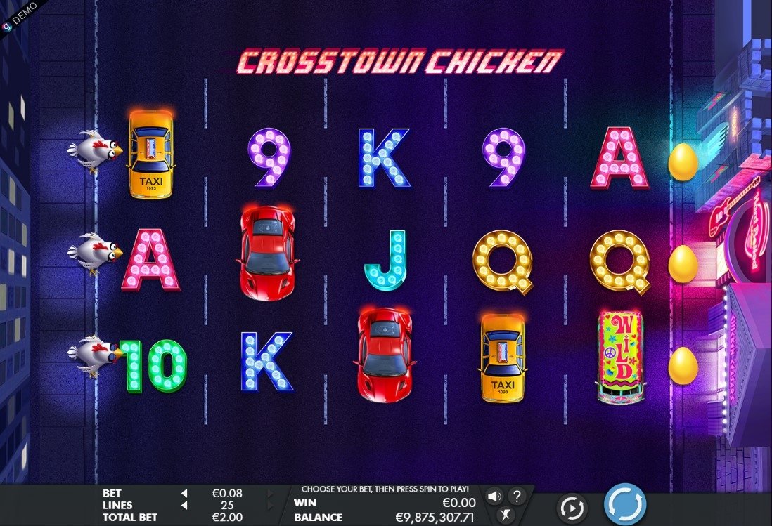 Crosstown Chicken Screenshot 1 – Walzen mit drei Hühnern am Straßenrand, Taxi- und Auto-Symbolen und goldenen Eiern am rechten Rand