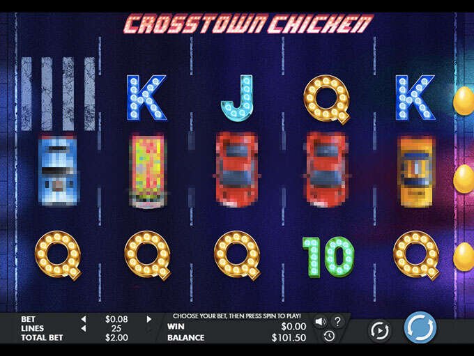 Crosstown Chicken Screenshot 2 – laufende Runde mit Kartensymbolen K, J, Q und Zebrastreifen-Symbol auf den Walzen