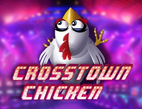 Crosstown Chicken Screenshot 4 – Ladebildschirm mit dem Hahn-Maskottchen und dem Spiellogo vor violettem Neon-Hintergrund