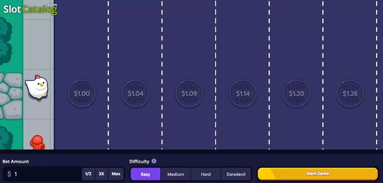 Mission Uncrossable Screenshot 1 – Startbildschirm mit Huhn am Straßenrand, Multiplikator-Gullydeckel und Schwierigkeitsstufe Easy
