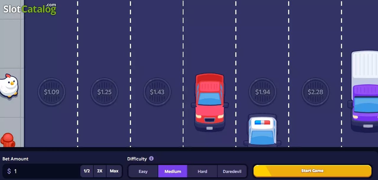 Mission Uncrossable Screenshot 2 – laufende Runde bei Schwierigkeit Medium mit rotem Auto, Streifenwagen und steigenden Multiplikatoren
