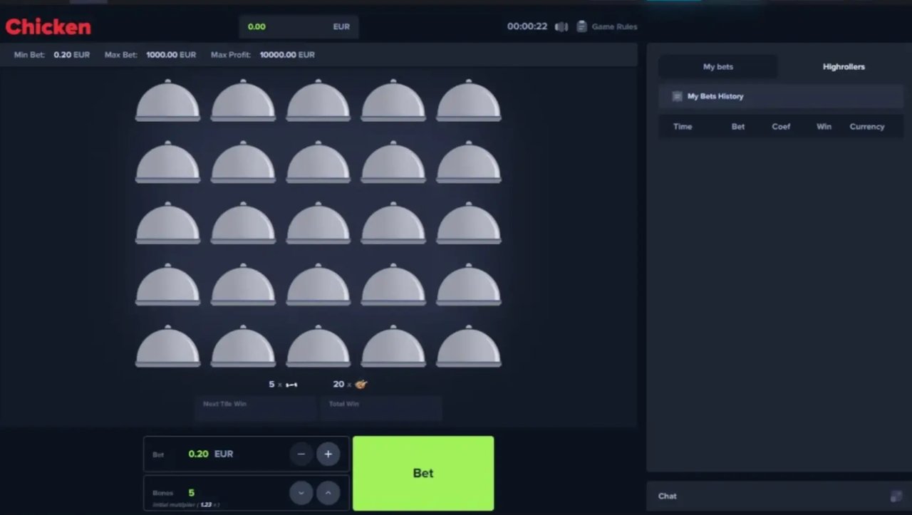 Chicken (UpGaming) Screenshot 1 – unberührtes 5x5-Raster mit verdeckten Tellern, Min Bet 0,20 EUR, Max Bet 1000 EUR, Max Profit 10.000 EUR