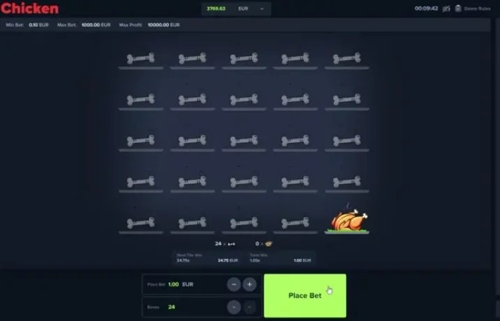 Chicken (UpGaming) Screenshot 2 – Runde mit 24 gewählten Knochen und aufgedecktem Huhn, Multiplikator 24,75x