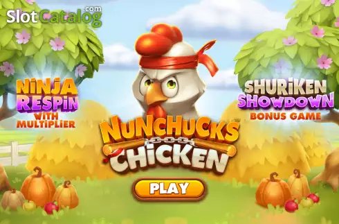 Nunchucks Chicken Screenshot 1 – Startbildschirm mit Kung-Fu-Huhn zwischen Ninja Respin und Shuriken Showdown