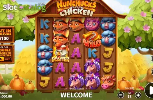 Nunchucks Chicken Screenshot 2 – 5x5-Walzen mit Wild-Nunchucks, Scatter-Huhn und Tiersymbolen