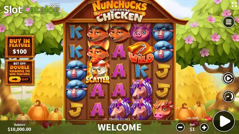 Nunchucks Chicken Screenshot 4 – Spielansicht mit Buy-in-Feature und aktiven 25 Gewinnlinien
