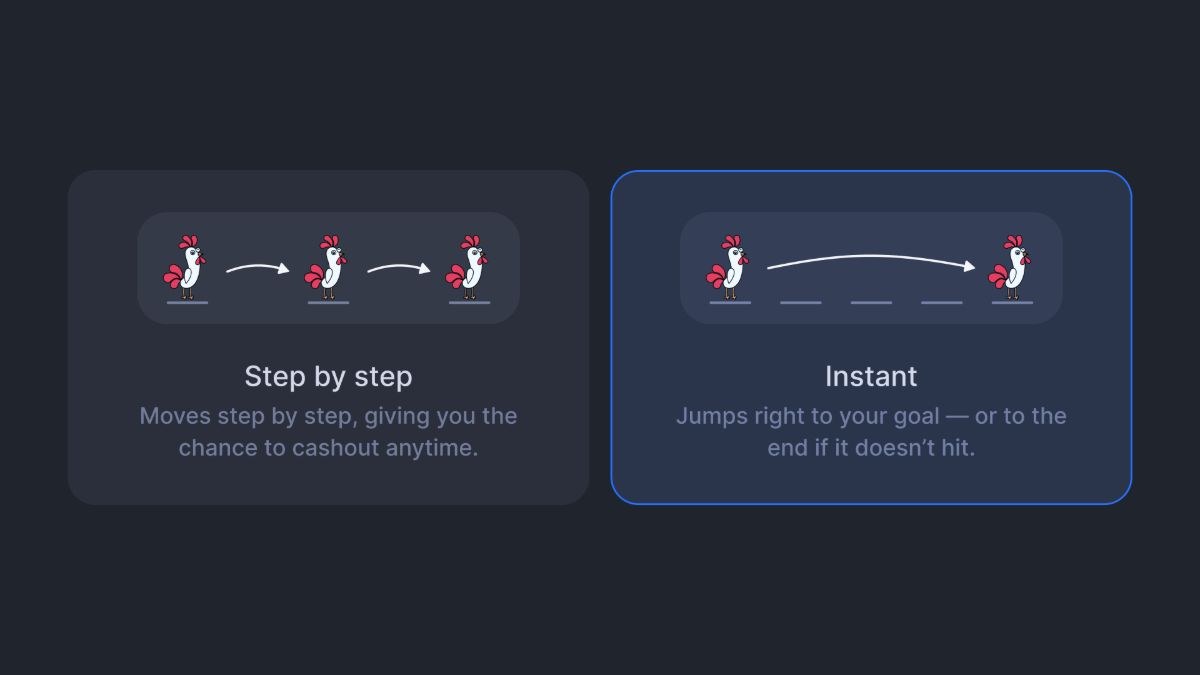 Rooster Run Screenshot 3 – Vergleich der Spielmodi Step by Step und Instant