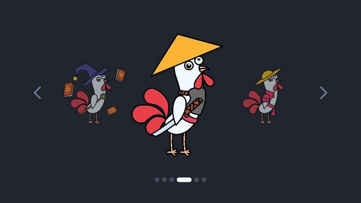 Rooster Run Screenshot 4 – Auswahlmenü mit kosmetischen Hahn-Outfits wie Magier und Ritter