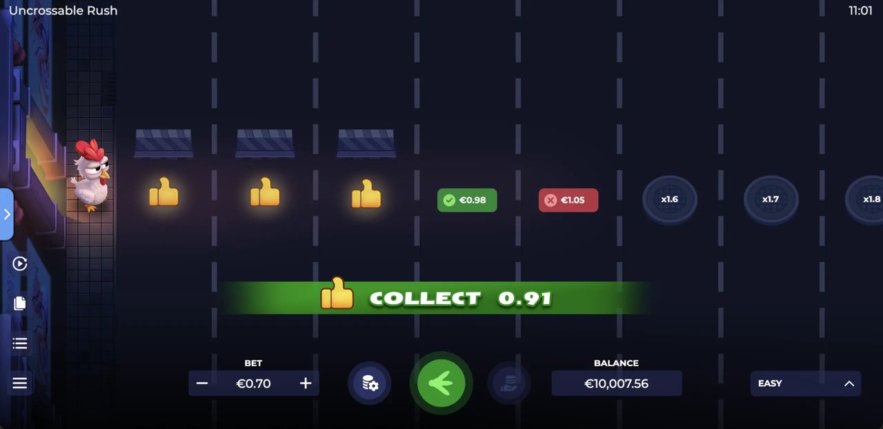 Uncrossable Rush Screenshot 2 – Cash-Out-Moment mit grüner COLLECT-Leiste bei 0,91 und Auswahl zwischen Auszahlung und Weiterlaufen auf Easy-Stufe