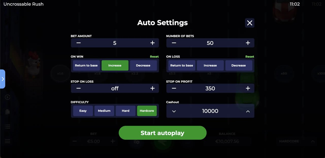 Uncrossable Rush Screenshot 3 – Auto-Settings-Menü mit Einsatzhöhe, Anzahl der Runden, Verhalten bei Gewinn und Verlust sowie Schwierigkeitsgrad Hardcore