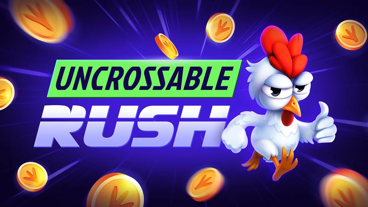 Uncrossable Rush Screenshot 4 – Werbegrafik mit Maskottchen-Huhn Eggwina, Daumen hoch und fliegenden Goldmünzen vor violettem Hintergrund