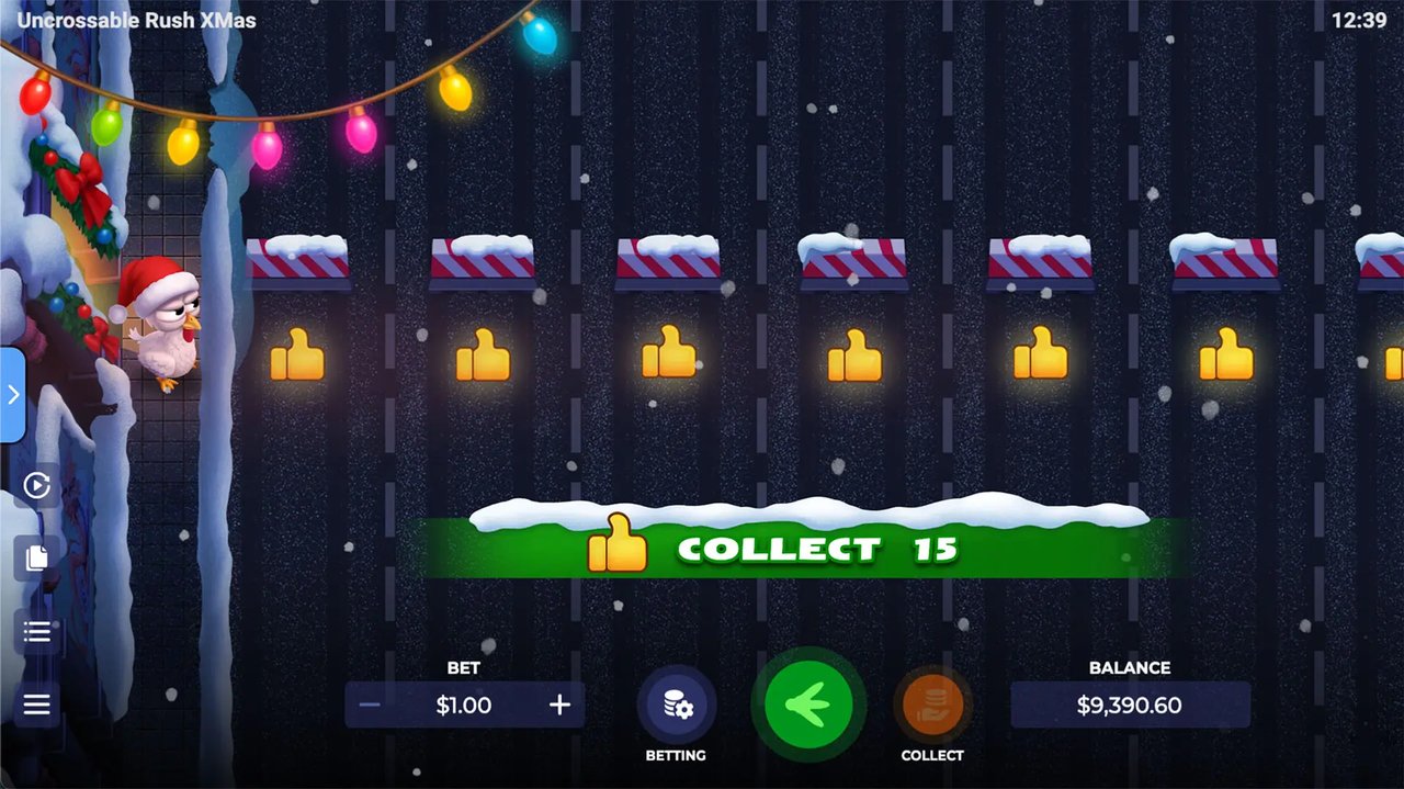 Uncrossable Rush X-Mas Screenshot 2 – Cash-Out-Leiste mit Sammelbetrag über den verschneiten Fahrspuren