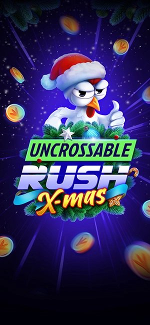 Uncrossable Rush X-Mas Screenshot 4 – Keyart mit Eggwina im Weihnachtskranz und fallenden Münzen
